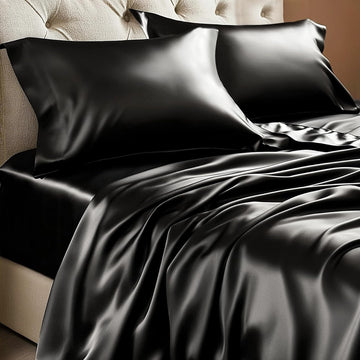 Satin Sheets Queen Bed Set, Luxury Soft Black Silky Sheets for Hair and Skin, Similar to Silk Bed Sheets Set 4 Pieces