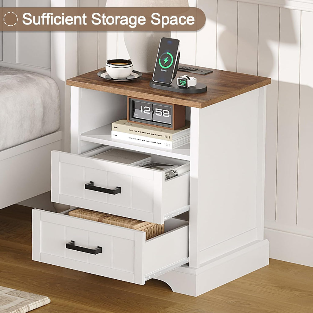 Farmhouse Night Stands with Charging Station, Wood Nightstand Set of 2 with 2 Drawers, Bedside Table with Open