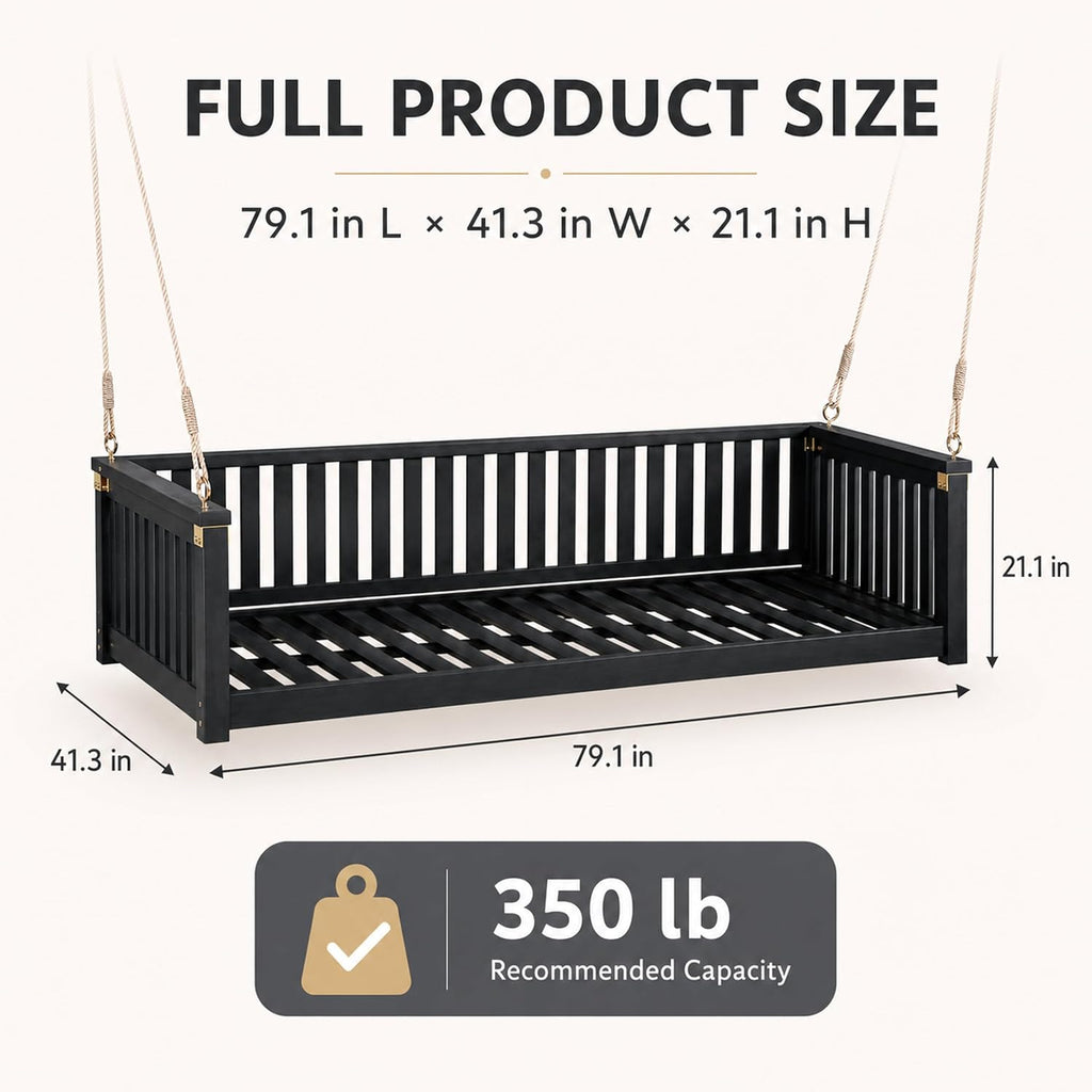 Outdoor Porch Swing Bed, Twin Size Acacia Wood Daybed (Black) | Acacia Wood Frame, Hemp Ropes, Fits Twin Mattress