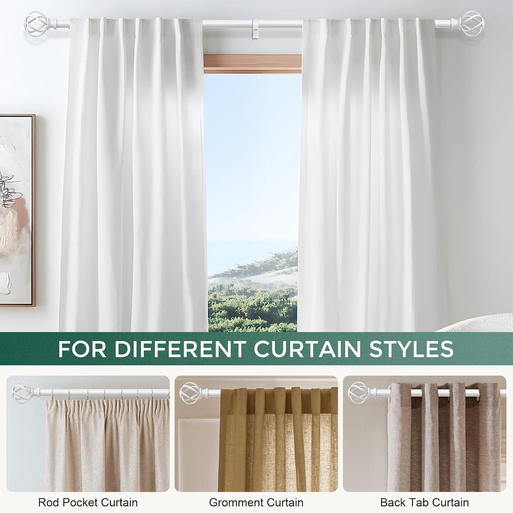 White Curtain Rod, Decorative Curtain Rods for Windows with Twisted Cage Finials, 3/4" Adjustable Heavy