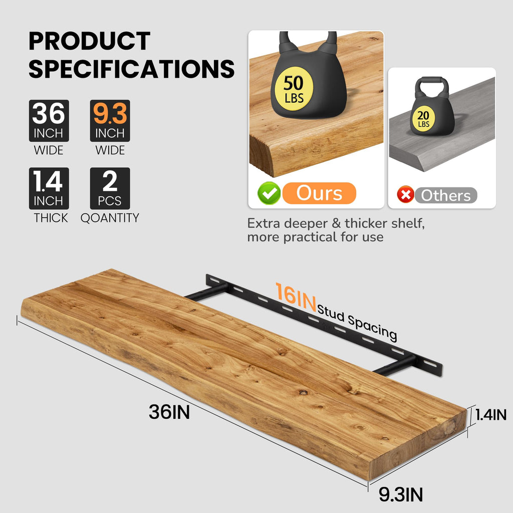 Floating Shelves for Wall, 36"x9.3" Rustic Solid Live-Edge Elm Wood Wall Shelves, Heavy-Duty Floating Shelves with