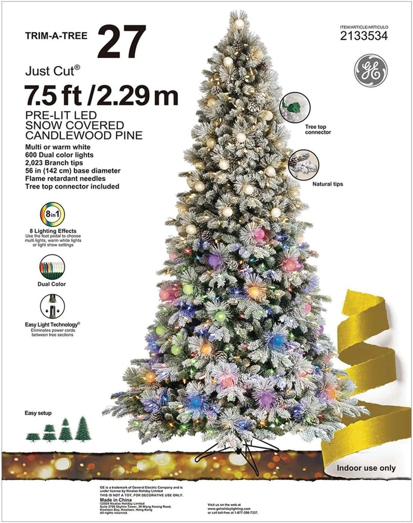 GE 7.5-ft Pre-lit Pre-Lit LED Flocked Candlewood Pine Artificial Christmas Tree