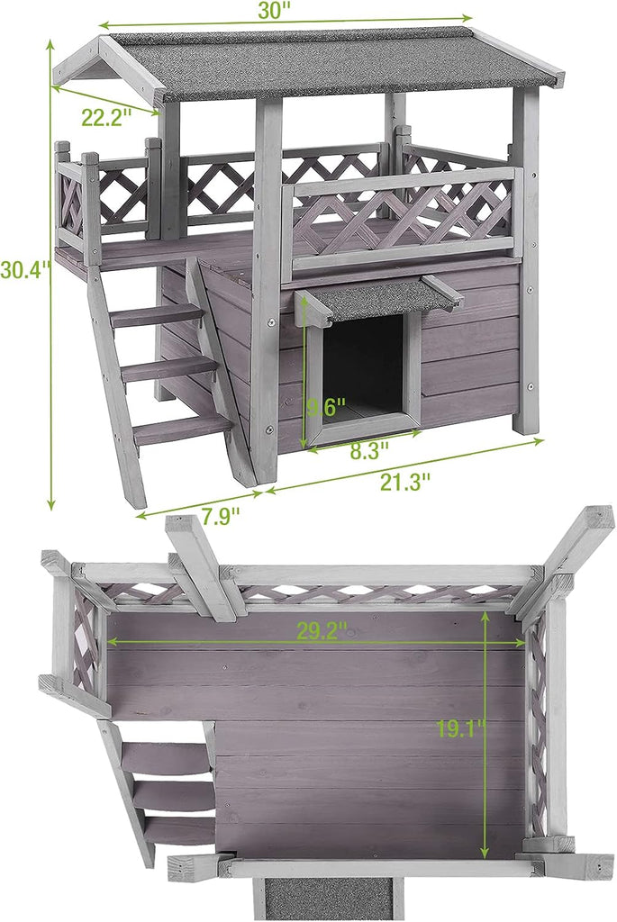 Cat House with Door for Feral Cats, Rainproof Outside Kitty House, 2 Story Wooden Kitten Condo with Stairs (-BS)