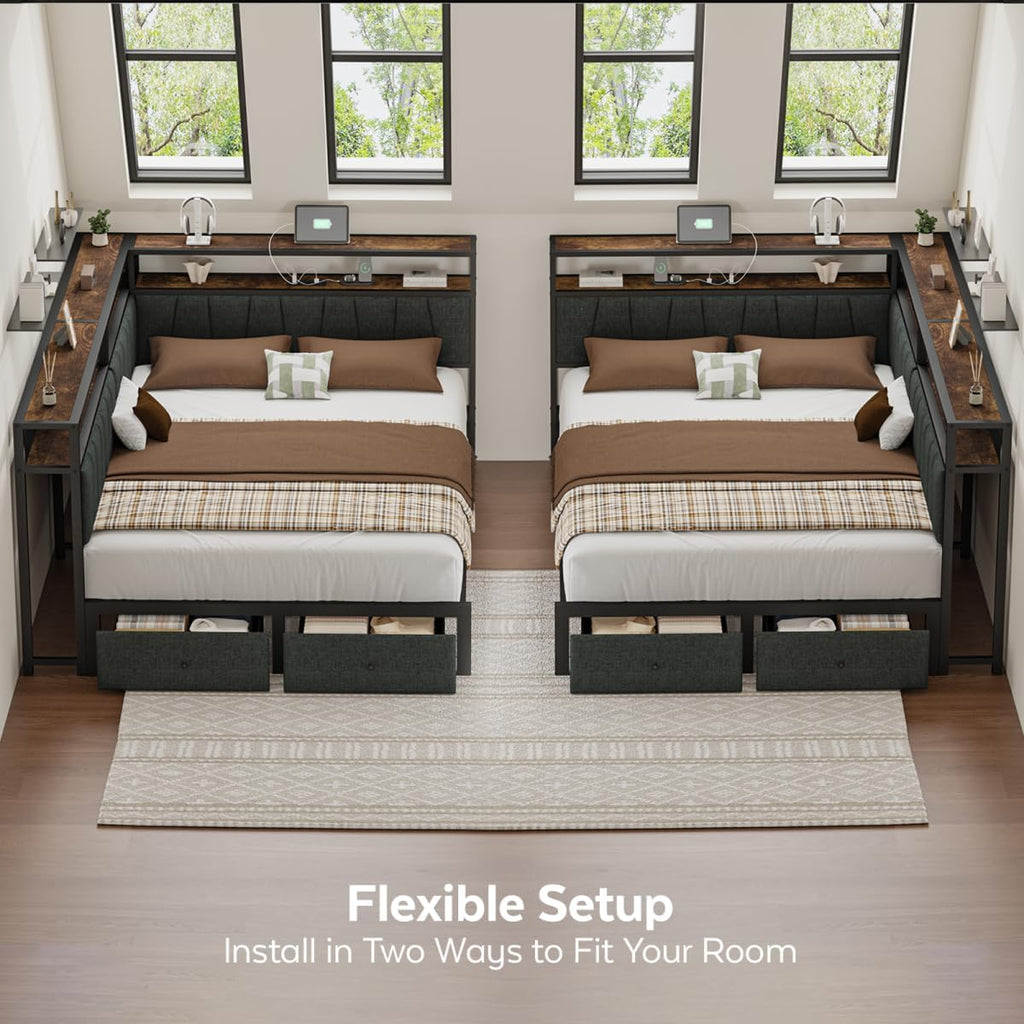 Queen Corner Bed Frame with Storage Drawers, Modern Daybed with LED Lights and Charging Station, Metal Platform Bed