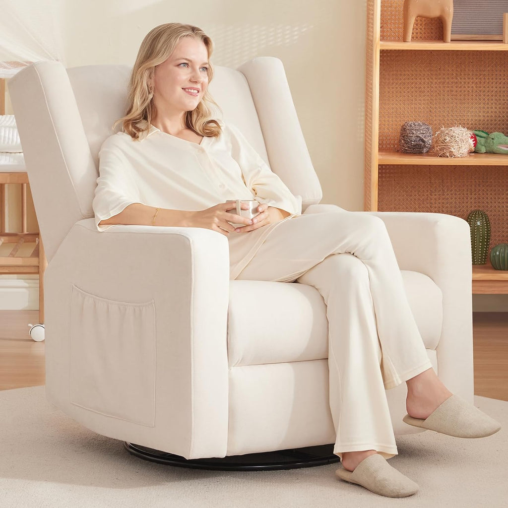 32" Nursery Rocking Chair, 360° Swivel Recliner Chair with Lumbar Support, Comfy Upholstered Armchair with Pillows &