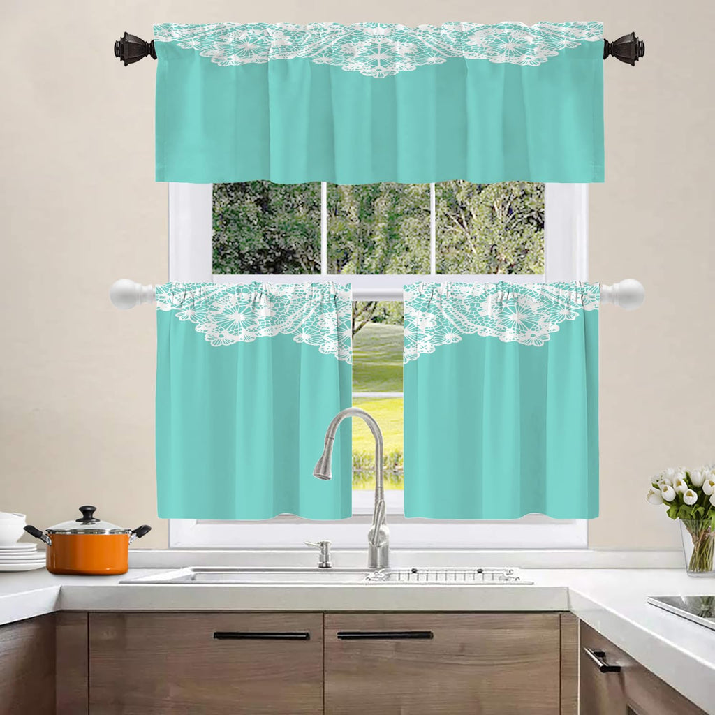 Robin's Egg Blue Turquoise Blackout Short Curtains for Windows, White Floral Lace Pattern Kitchen Valance Thermal