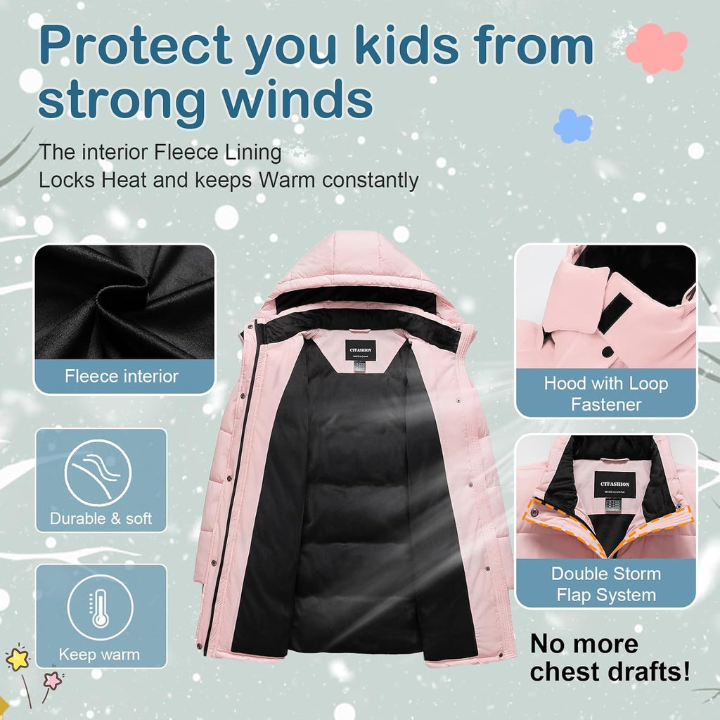 Girl's Winter Coat Kids Long Puffer Jacket Waterproof Ski Outerwear Warm Puffy Dress Coat with Hood