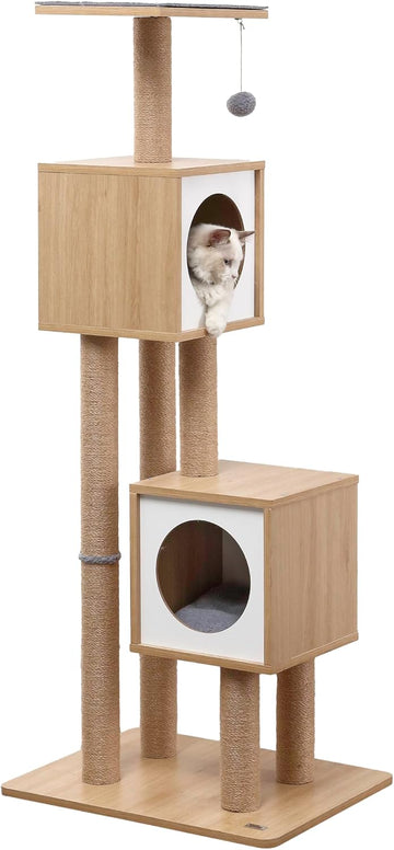 Sawyer 56" 3-Tier Minimalist Jute Cat Tree Condo with Scratching Posts, and Fuzzy Toy, Brown/White