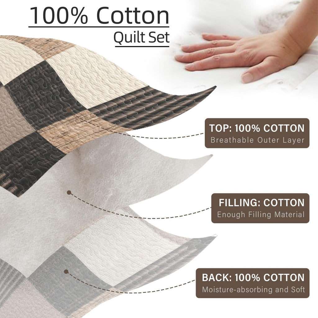 100% Cotton Quilt Set, Farmhouse Plaid Rustic Bedspread
