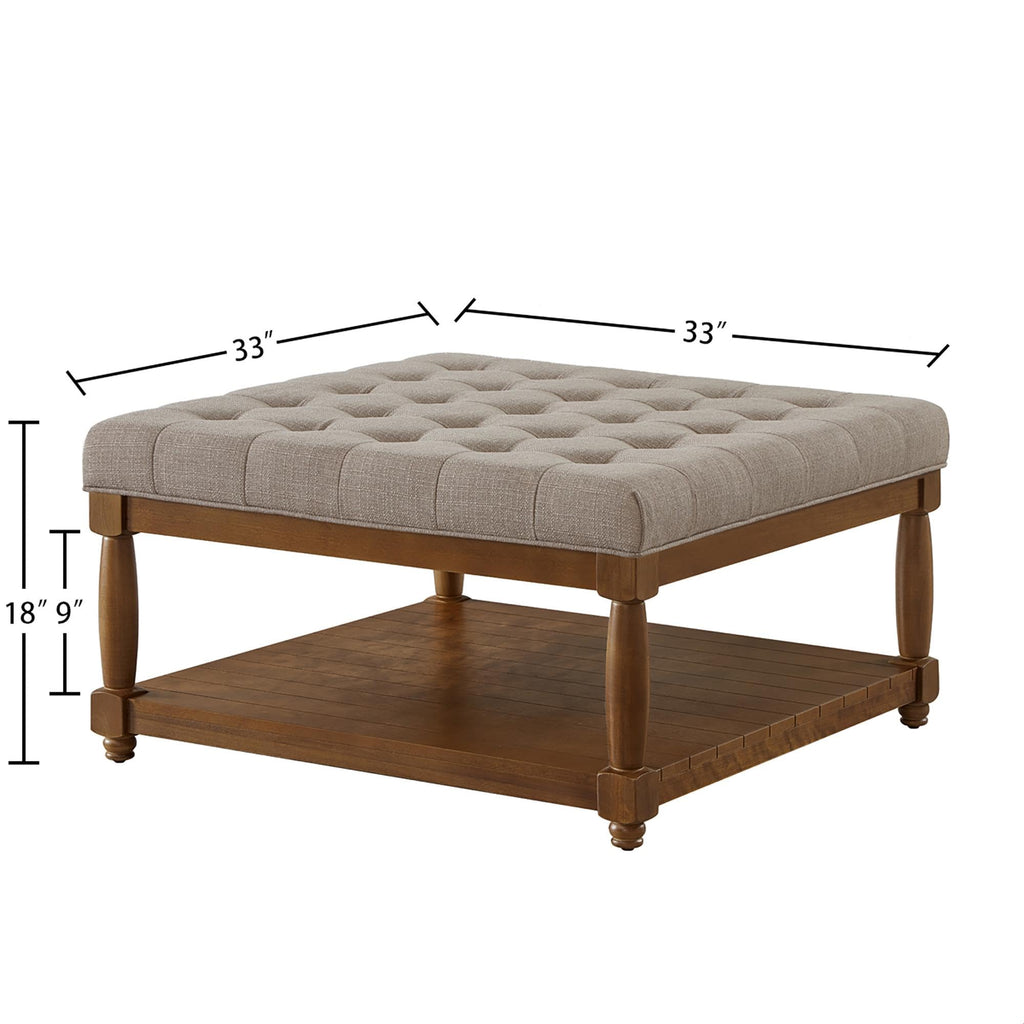 Large Square Upholstered Tufted Linen Ottoman Coffee Table with Solid Wood Frame and Open Storage Shelf, Nailhead