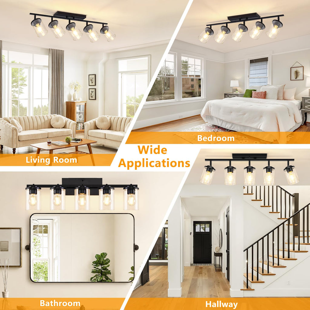 5-Lights Black Semi Flush Mount Ceiling Light Fixtures, Modern Clear Glass Shade Farmhouse Kitchen Ceiling Lamp