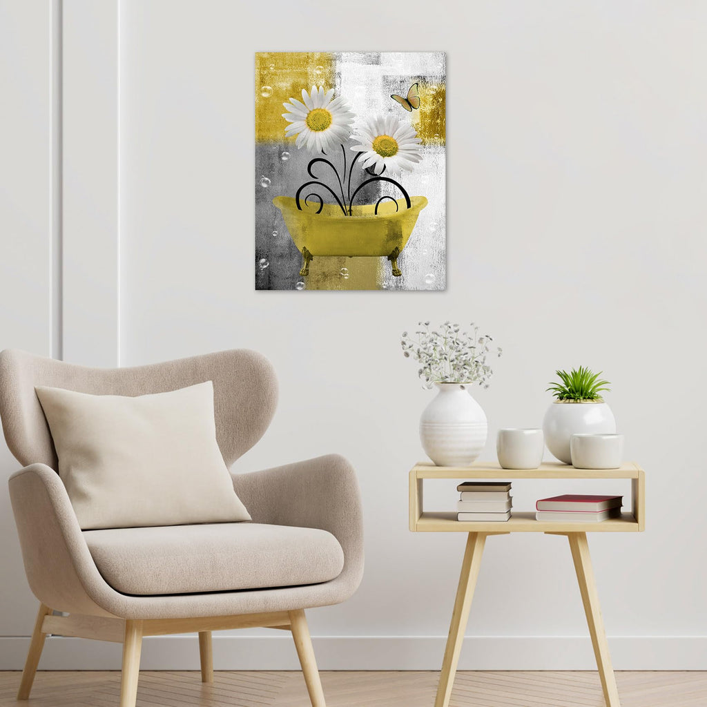 Farmhouse Floral Wall Art, Yellow Flower and Butterfly Canvas Wall Art Modern Grey and White Abstract Geometric