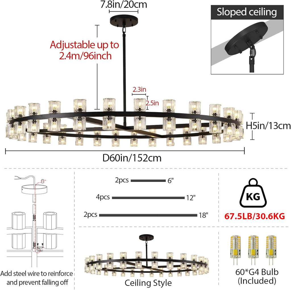 Modern Large 60inch Black Round Chandelier, 60-Light Crystal Chandelier for Living Room,Indoor Large Space Chandelier Fixtures,Farmhouse Wagon Wheel Chandelier,Including Lightbulbs A117-B0DWK3KMWB