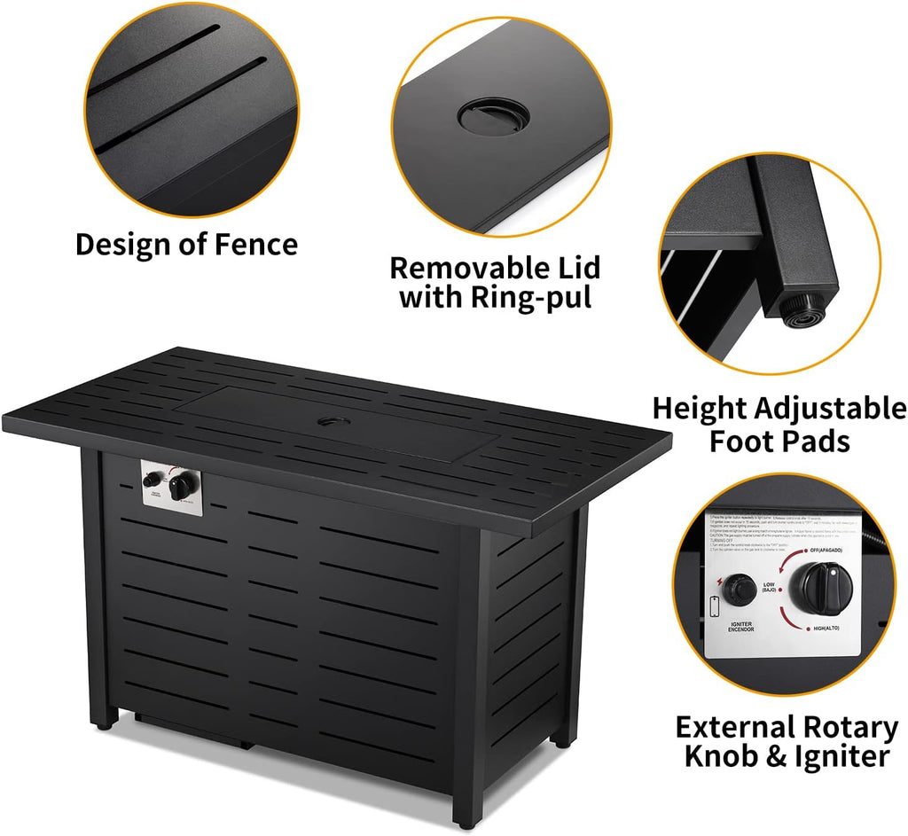Fire Pit Propane Gas FirePit Table 43" Outdoor Fire Pit Rectangular Tabletop with Lid, Rain Cover, for Outside Garden Backyard Deck Patio - Image 8