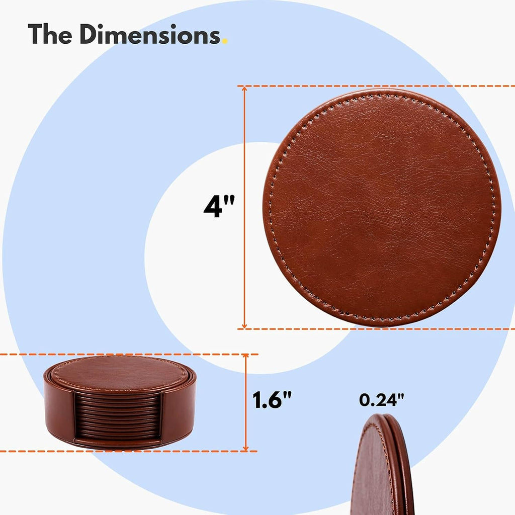 Leather Coasters for Drinks, 4" Drink Coasters with Holder for Tabletop Protection, Handmade Luxurious Home - Set of 6