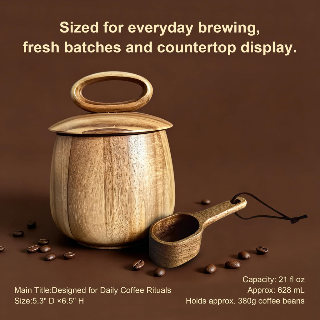 Acacia Wood Coffee Canister with Wooden Scoop, 21 fl oz (628 mL) Coffee Bean Storage Container with Silicone Seal