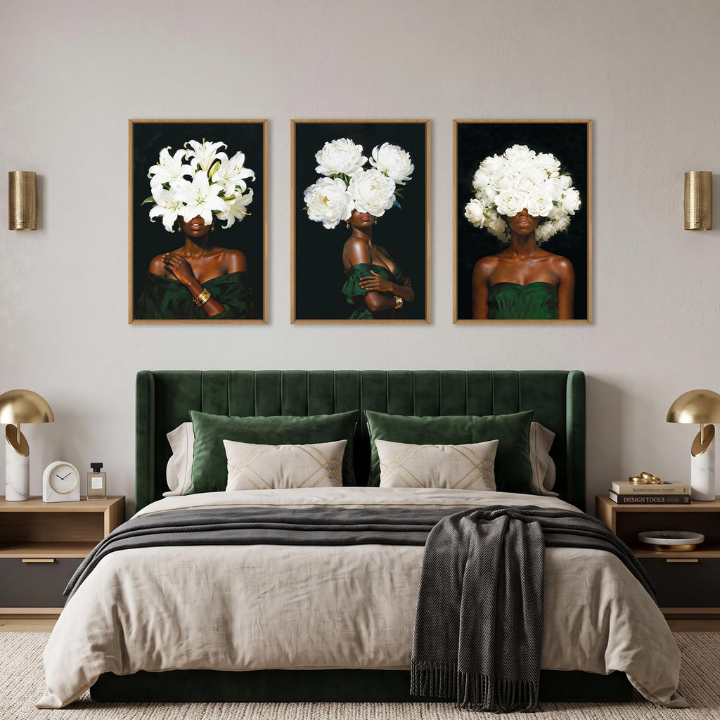 Black Woman Framed Canvas Prints Wall Art Set, Abstract White Hydrangea Wall Decor, Vintage African American Girl Art