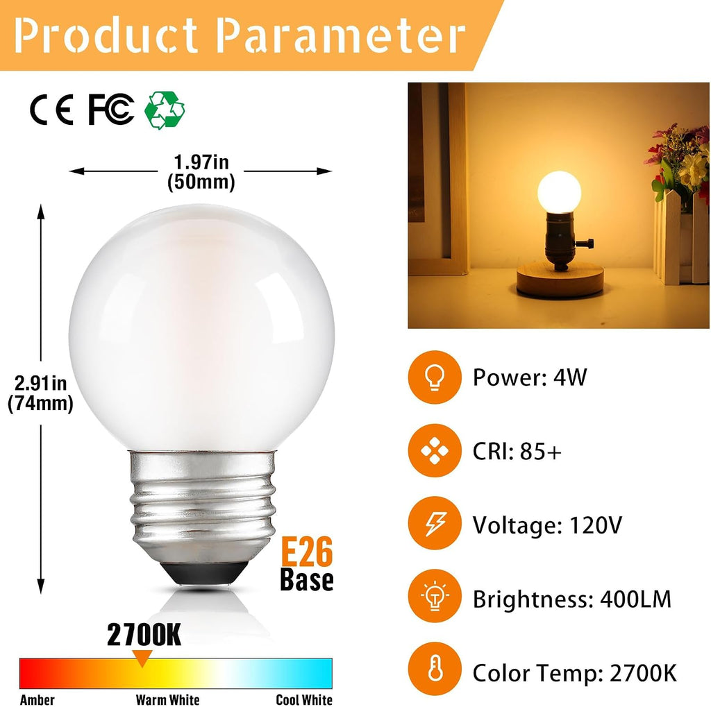 G16.5 E26 dimmable LED filament globe bulb, frosted 2700K, indoor and outdoor, set of 6