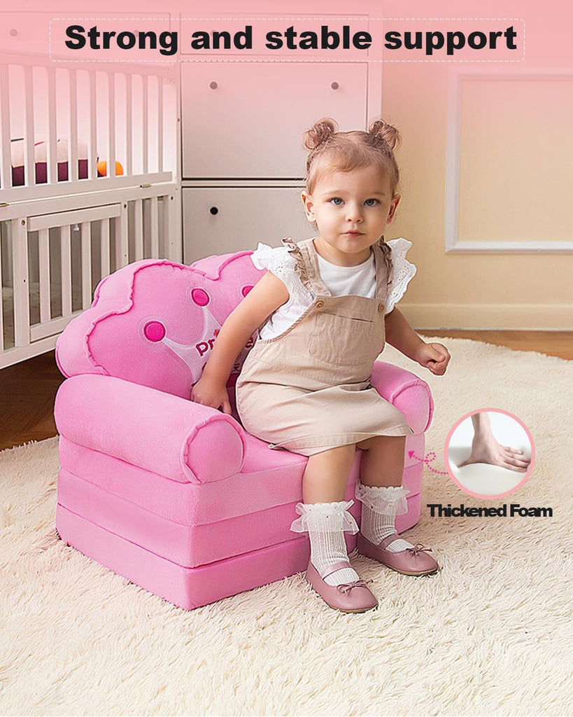 Kids Couch Fold Out, Foldable Princess Chair for Toddlers, Pink