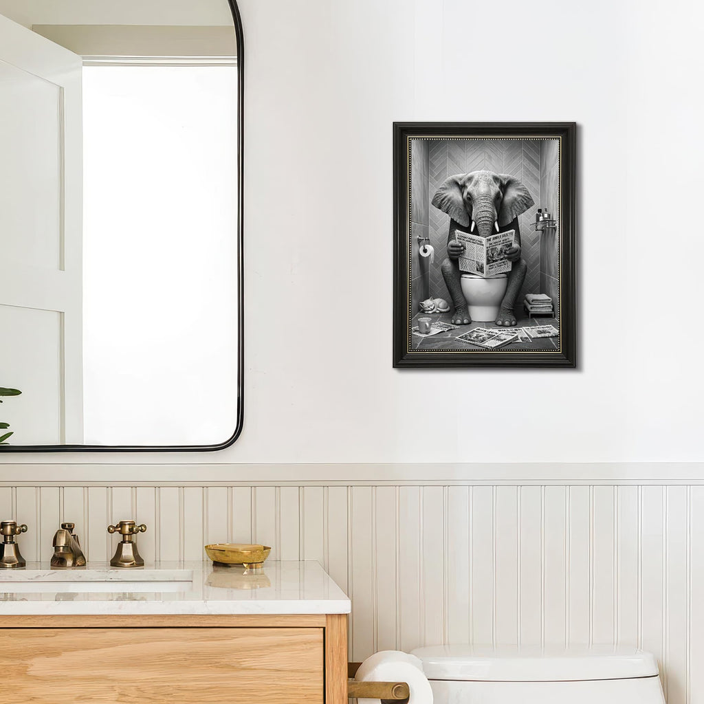 Funny Elephant Bathroom Wall Art, Black and White Animal Reading Newspaper Print art, Quirky Toilet Humor Wall decor