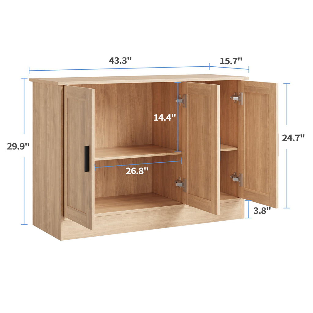43" Oak Buffet Cabinet with Black Handles, Small Kitchen Sideboard with 3 Doors & Adjustable Shelves, Modern Entryway