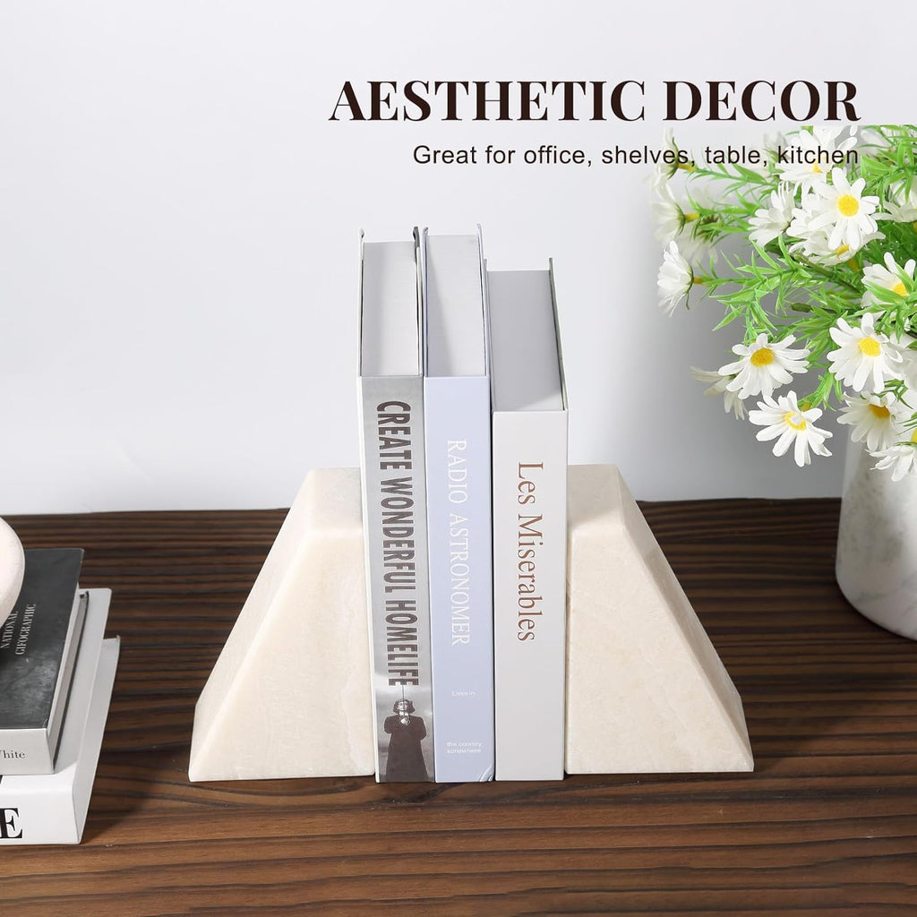 Marble Bookends for Shelves, Large Bookends for Heavy Books, Non-Slip 7Lbs Stone Book Ends for CD/Movies, Modern