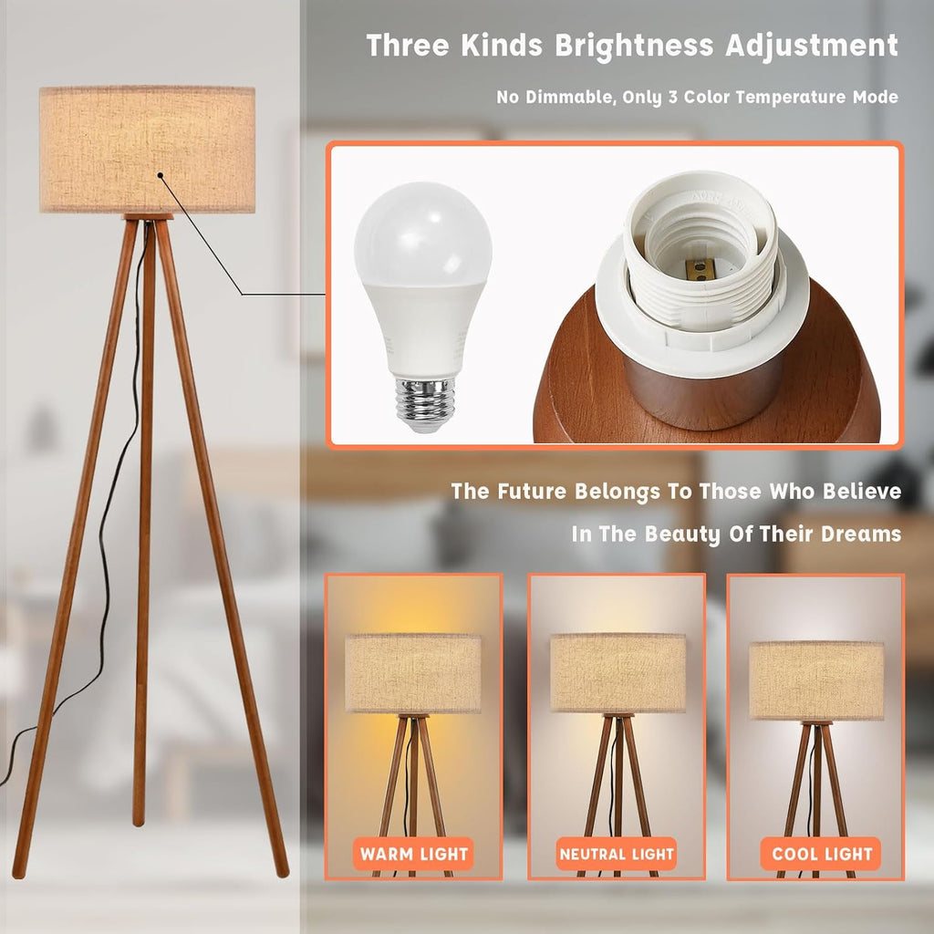 Wood Tripod Floor Lamp, Farmhouse Wooden Floor lamp with 3 Color Temparature LED Bulb, Footswitch