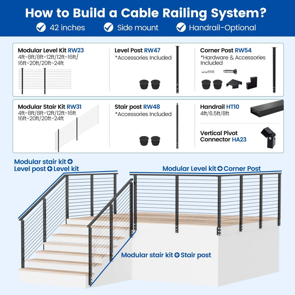 12-16ft Side Mount Modular Cable Railing Kit for Stairs 42 Inch RW31