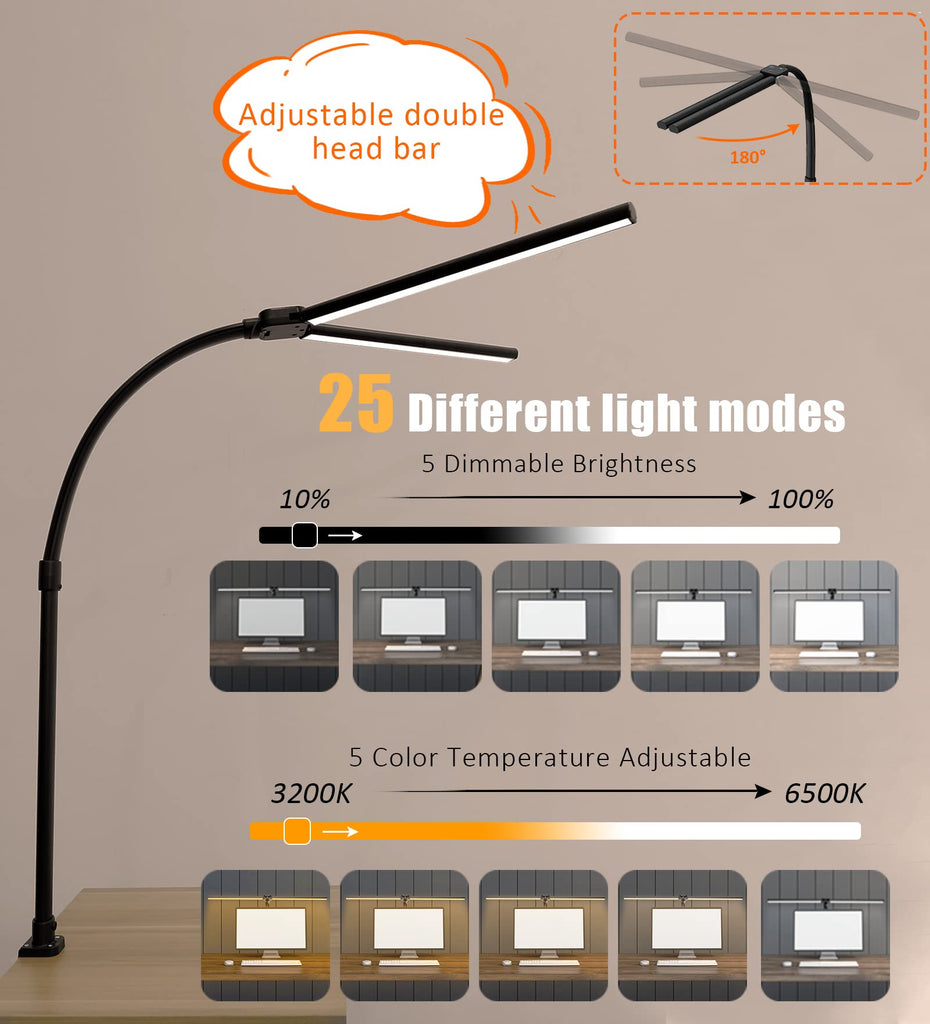 Double Head LED Desk Lamp, Architect Desk Lamps, 24W Brightest Workbench Office Lighting-5 Color Modes and 5