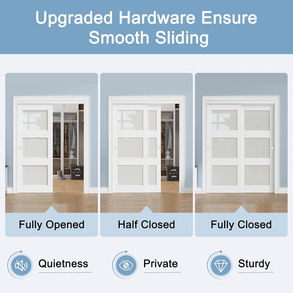 Paintable Sliding Closet Doors, 96" x 80" Bypass Slidng Door Panels with Hardware Kit, 3-Lite Froste