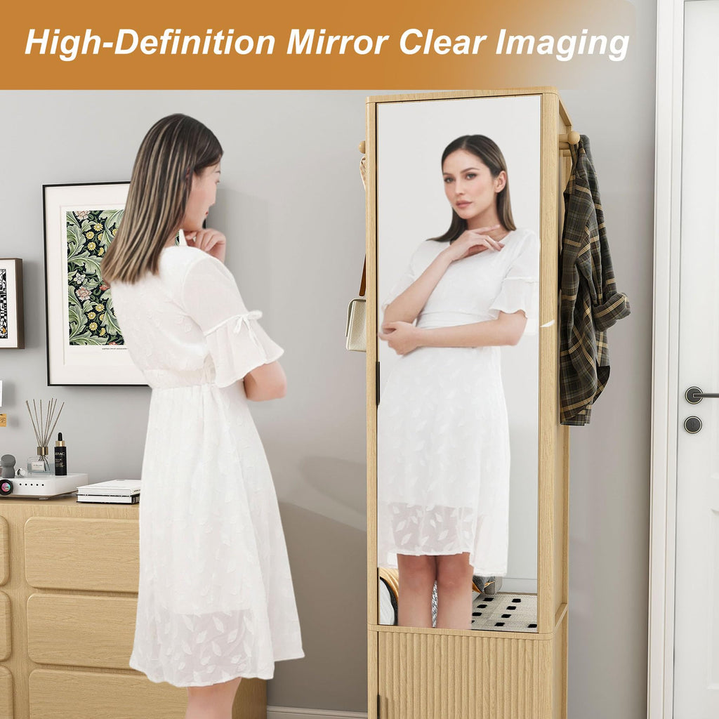 360° Swivel Jewelry Cabinet Makeup Jewelry Armoire with Full Length Mirror, Standing Storage Cabinet with a Coat
