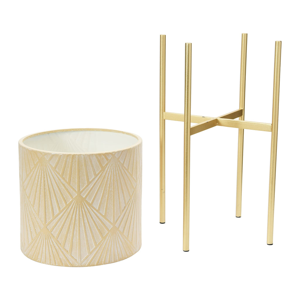 Modern Boho Embossed Metal Planters with Stands, Cream and Gold, Set of 2 Sizes