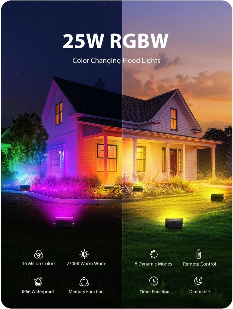 LED Flood Light Outdoor 250W Equivalent, 25W Color Changing RGBW Floodlight with Remote, 2700K Warm White IP66 Stage