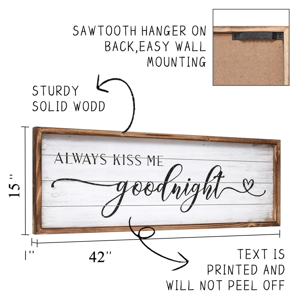 Large Above Bed Wall Decor Bedroom Sign Bedroom Decor with Solid Wood Frame for Couples, Always Kiss Me Goodnight