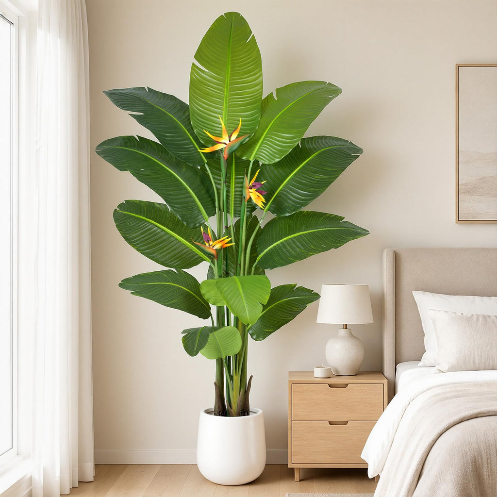 Bird of Paradise Artificial Plant in White Pot, 6ft Tall Faux Banana Leaf Tree with 3 Tropical Bird Flowers & 13