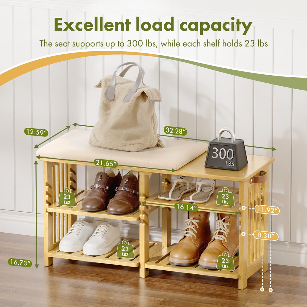 Bamboo Shoe Rack Bench, 3-Tier Shoe Bench Height Adjustable, Entry Bench with Side Storage Strap, Shoes Organizer