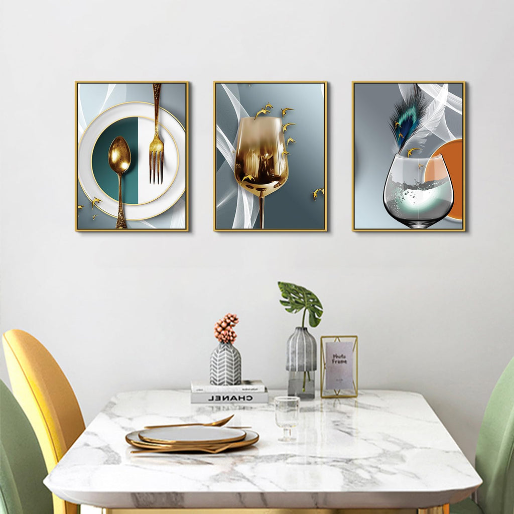 Gold Framed Dining Room Wall Art Wine Glass Pictures Wall Decor Teal Abstract Geometric Kitchenware Canvas Paintings