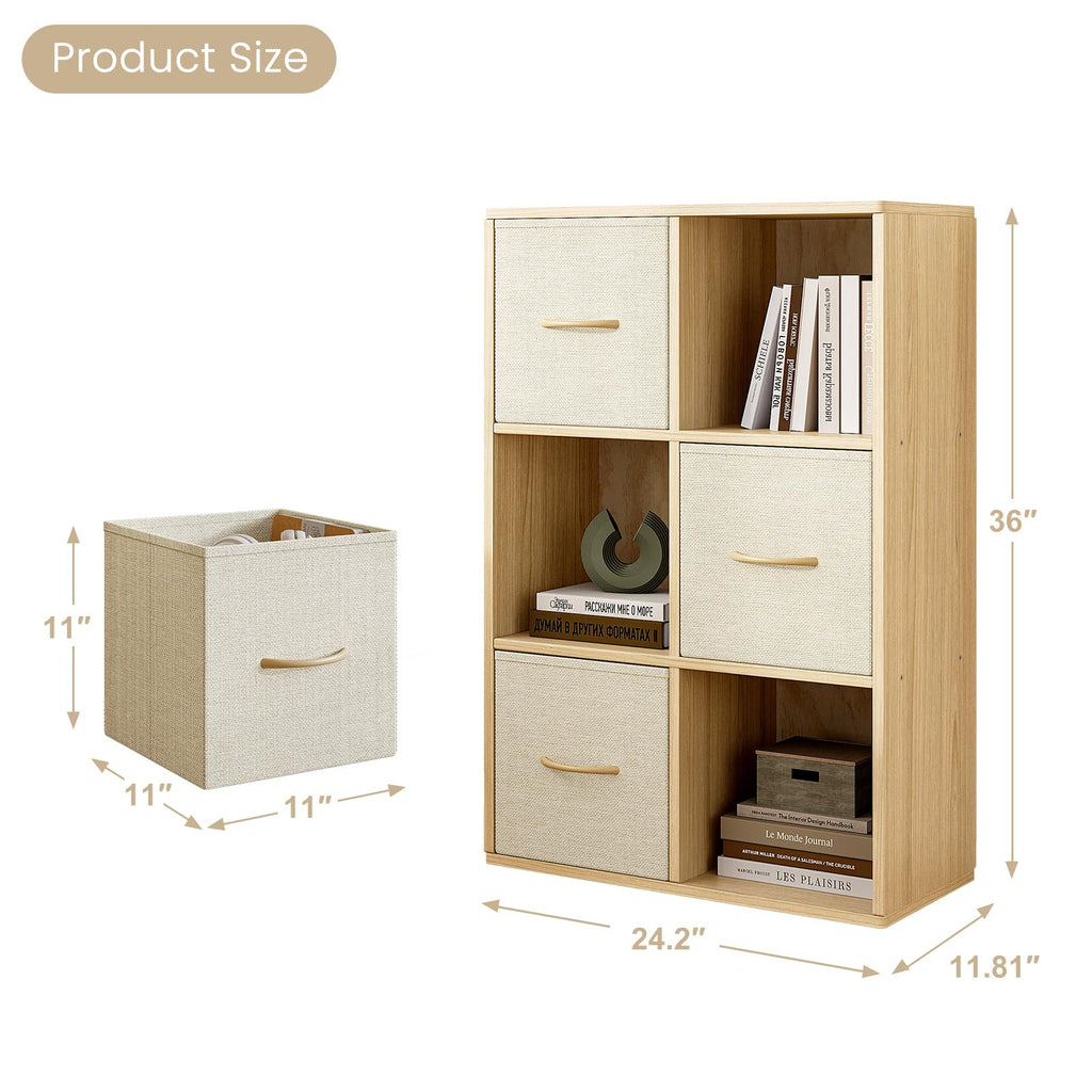 6 Cube Storage Organizer - Solid Wood Bookshelf with 3 Storage Bins, Cube Shelf with 2 Removable Back Panels