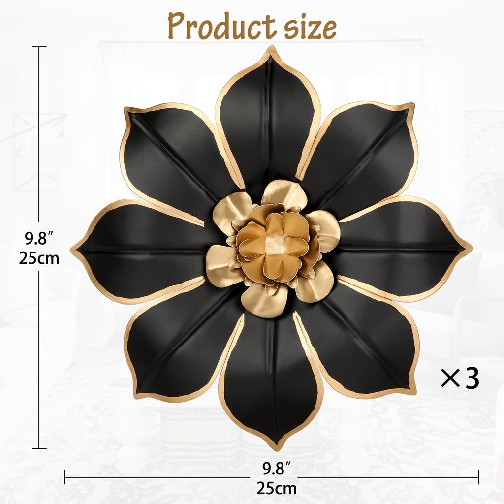 Set of 3 Black and Gold Metal Flowers Wall Art Decor 10"