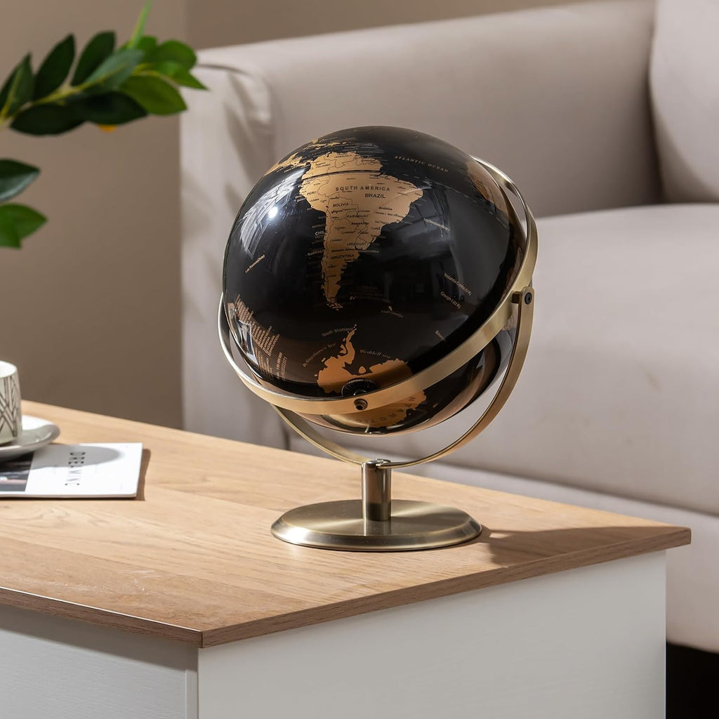 9-Inch Metallic Black World Globe, 720° Rotating Earth Globe w/Metal Stand for Modern Desktop Decoration