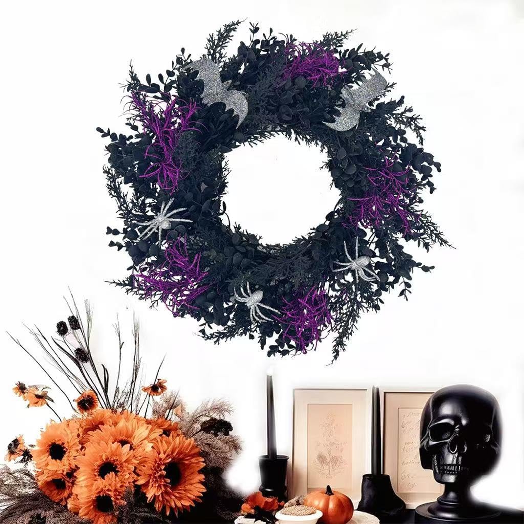 Halloween Wreath for Front Door, 20 Inch Creepy Wreath with Silver Spiders & Bats Purple Plants, Spooky Durable