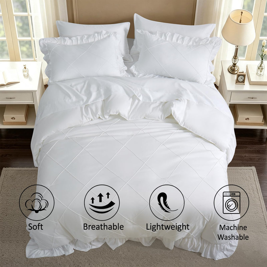 White Comforter Set, 7 Pcs Bed in a Bag Ruffle Bedding Set