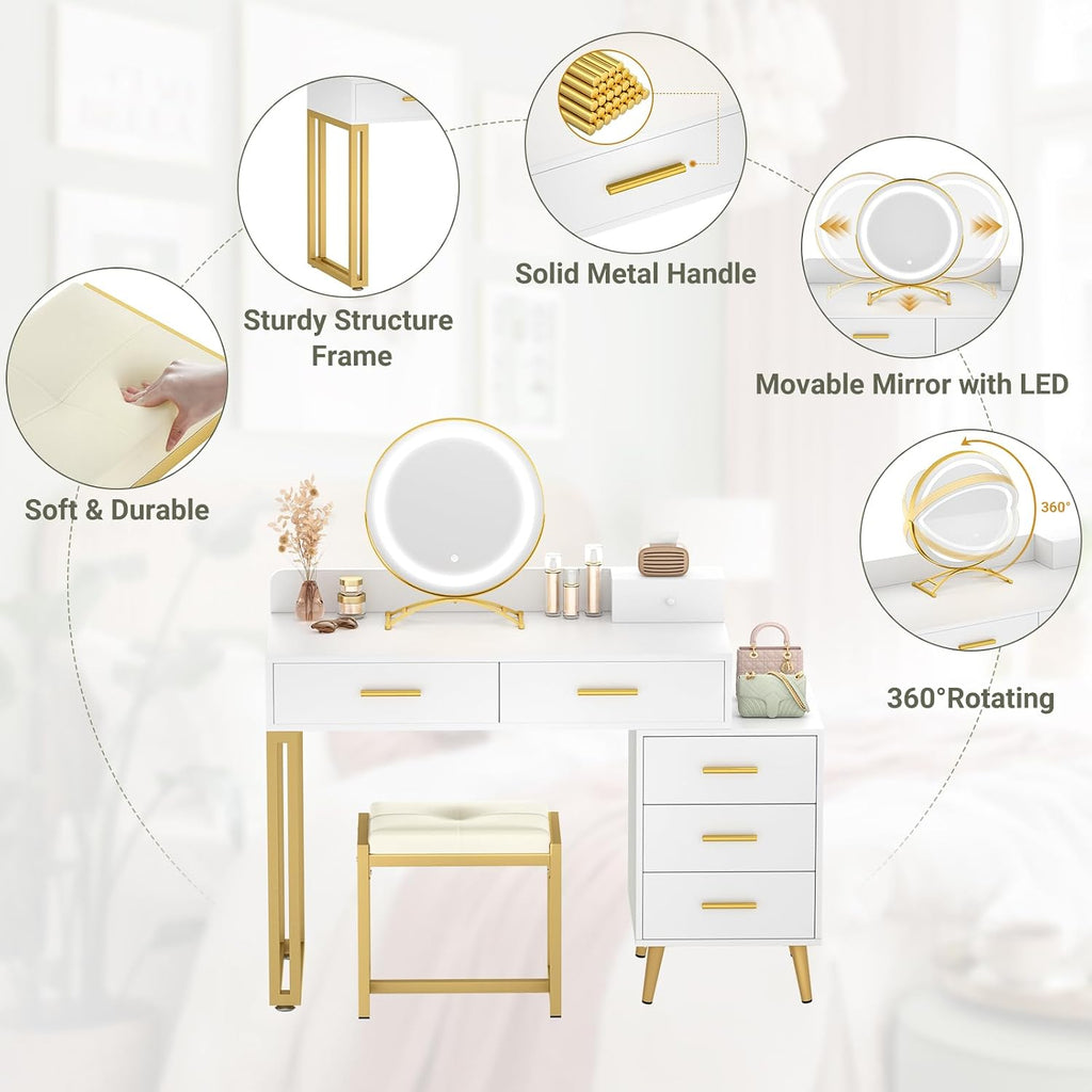 White Vanity Desk with Mirror and Lights, Modern Makeup Vanity Table Set with 6 Storage Drawers and Cushioned Stool