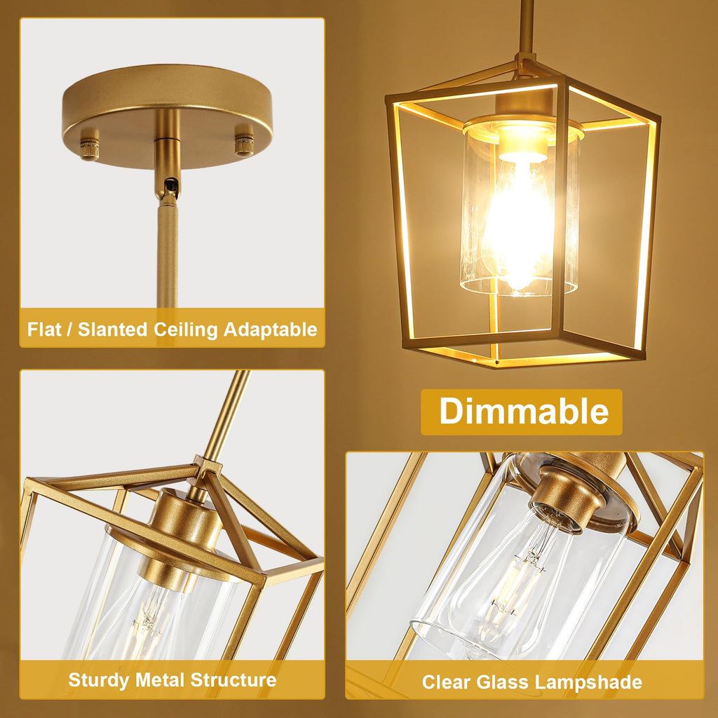 2 Pack Gold Pendant Lights Kitchen Island, Modern Farmhouse Kitchen Pendant Light Fixtures, Metal Cage Island Lights