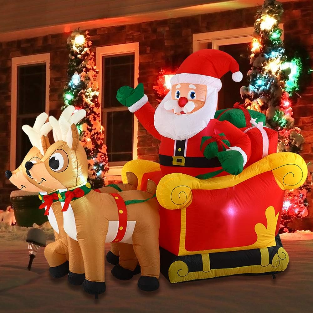 6 FT Long Christmas Inflatable Santa on Sleigh with 2 Reindeer, Inflatable Christmas Yard Decorations with Build-in