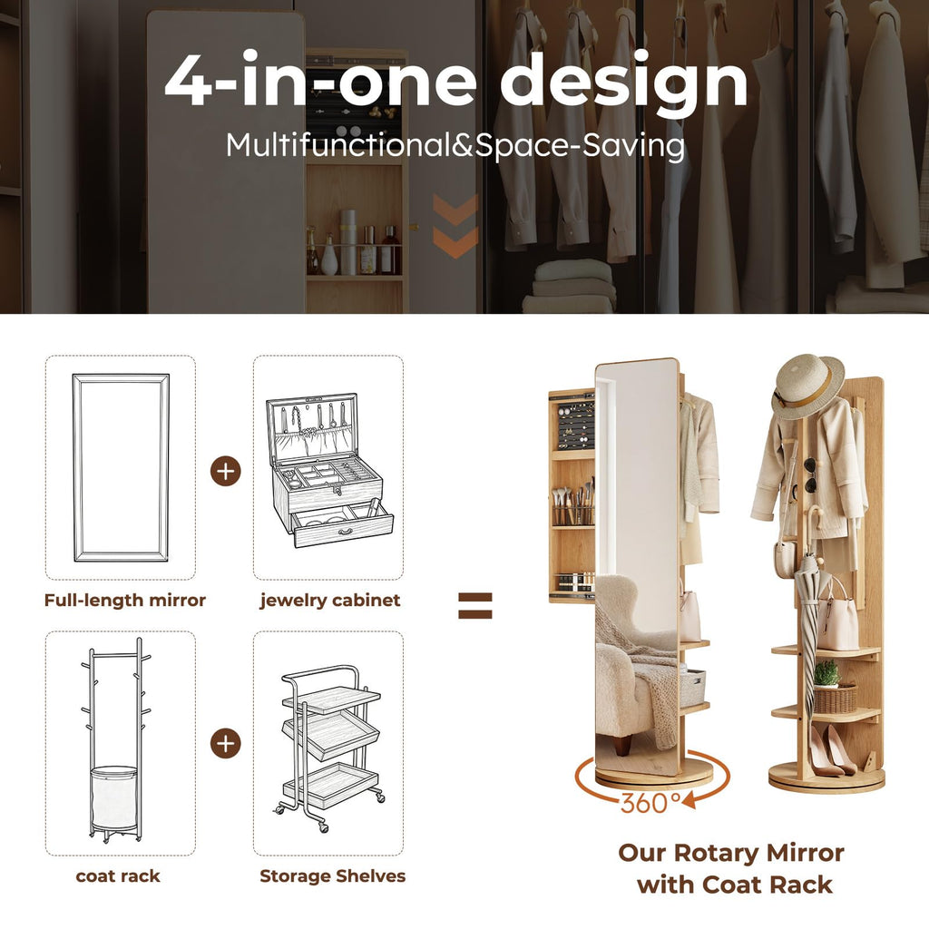 69" H×20" W Solid wood Mirror Jewelry Cabinet, 360°Swivel Jewelry Organizer, Jewelry Armoire Cabinet Standing, Full