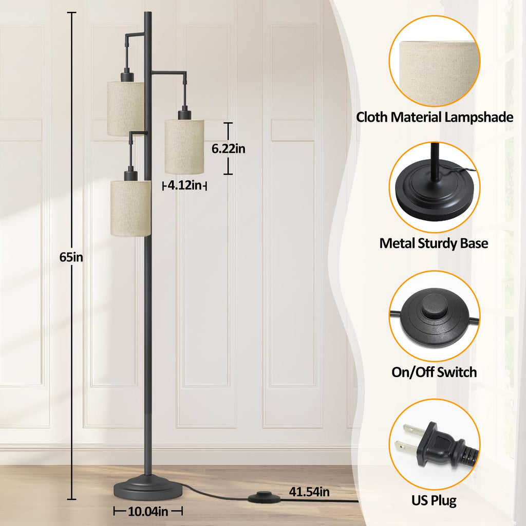 3 Lights Boho Floor Lamps with ON/Off Foot Switch Tree Standing Lamp with Hanging Lampshades Farmhouse Floor Lamp