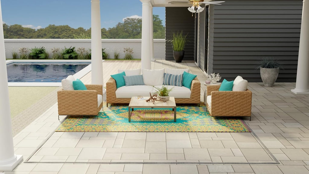 4' x 6', Aqua Outdoor Rug, Reversible Plastic Mat, Porch, Poolside, Mudroom, Camping, RV, Deck