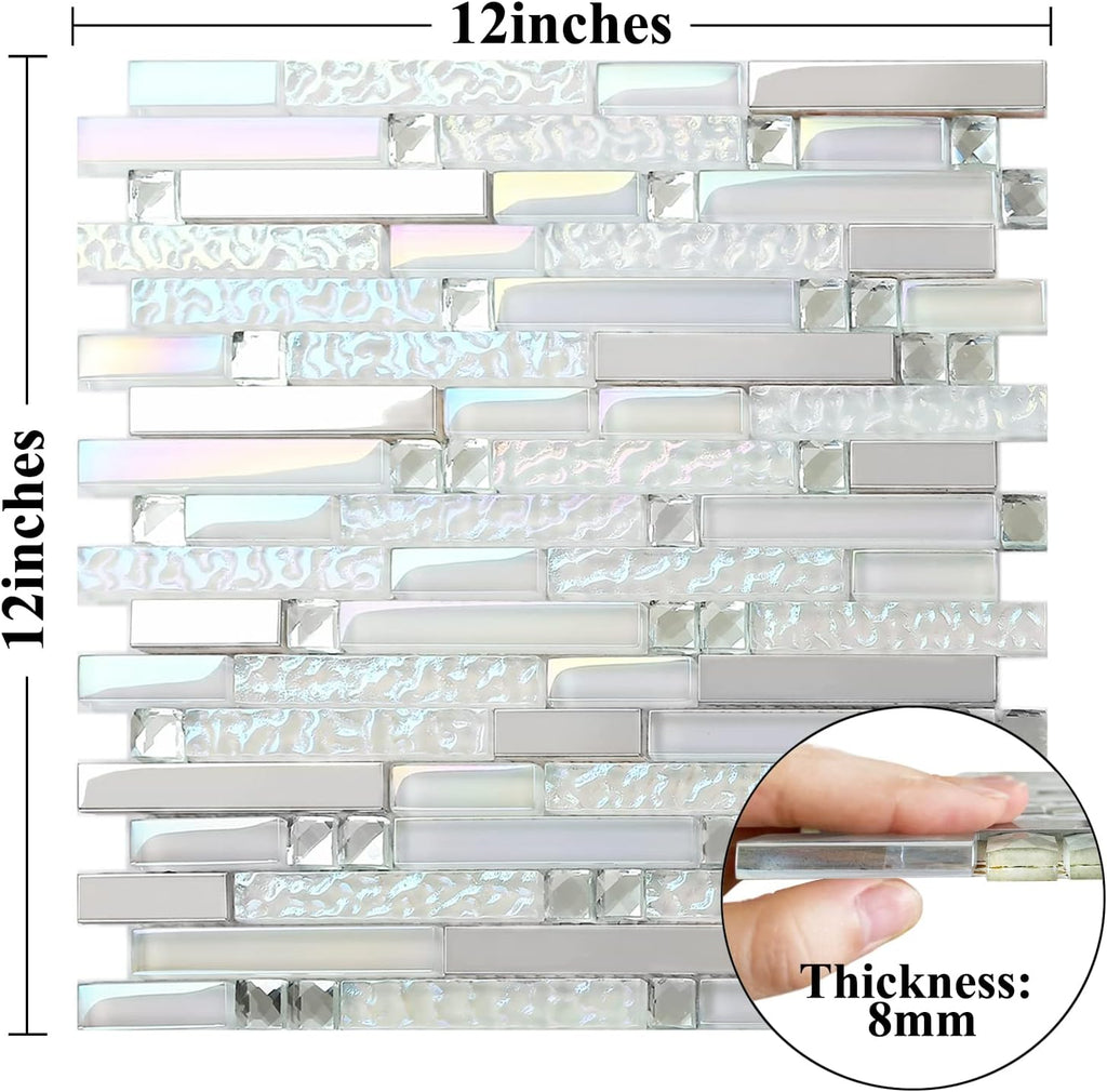 Glass Metal Tile Iridescent White Glass Silver Mirror Stainless Steel Blends Interlocking Strip Wall TSTNB01 (Pack of