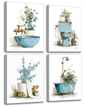 Botanical Bathroom Wall Art Teal and Gold Canvas Prints 4-Piece